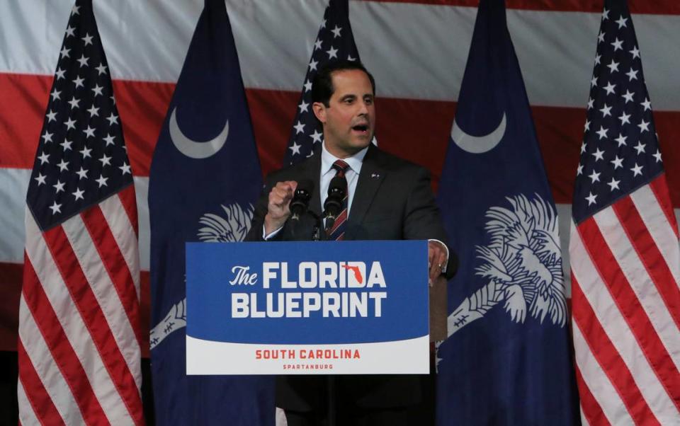 Sen. Josh Kimbrell, R-Spartanburg speaks before Florida Ron DeSantis took the stage at North Baptist Church in Spartanburg on Wednesday April 19, 2023.2