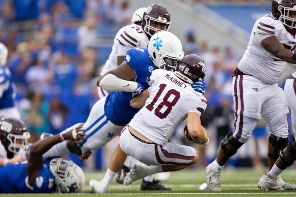 Kentucky defensive tackle Deone Walker sacks Eastern Kentucky quarterback Parker McKinney (18) during UK’s 28-17 win over EKU last week. Jack Weaver