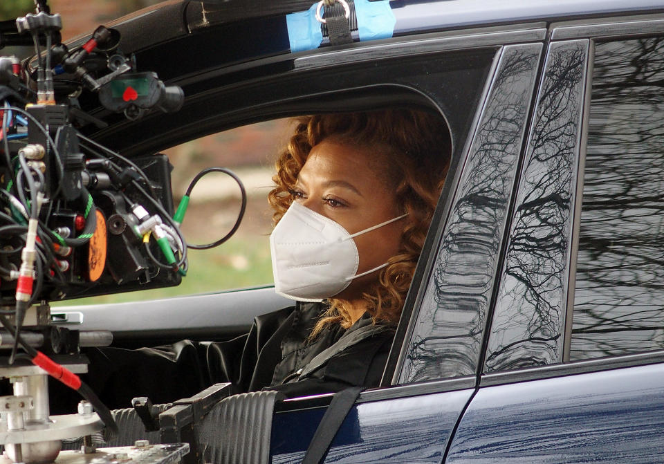 <p>Queen Latifah is camera ready on the set of <em>The Equalizer</em> on Monday in Teaneck, New Jersey.</p>