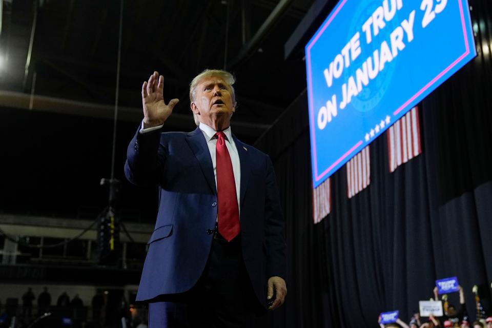 Republican presidential candidate Donald Trump, a former president, gesturing to the crowd after speaking during a campaign event in Manchester, N.H., on Jan. 20, 2024.