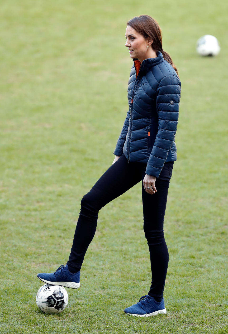 The Duchess of Cambridge plays football during a visit to Windsor Park Stadium in February 2019 in Belfast, Northern Ireland.  (Getty Images)