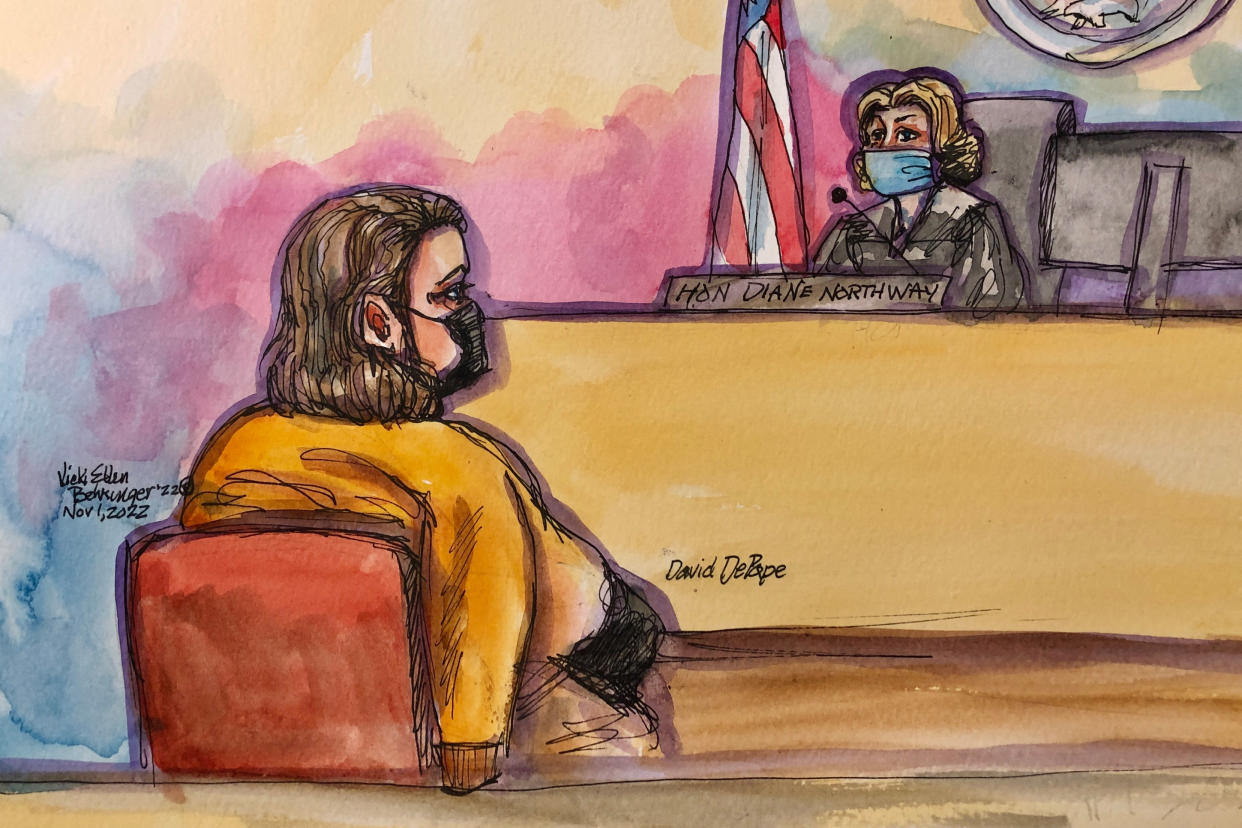 David Wayne DePape appears before San Francisco Superior Court Judge Diane Northway at the Criminal courts in San Francisco, California on Nov. 1, 2022, in this courtroom sketch. (Reuters)