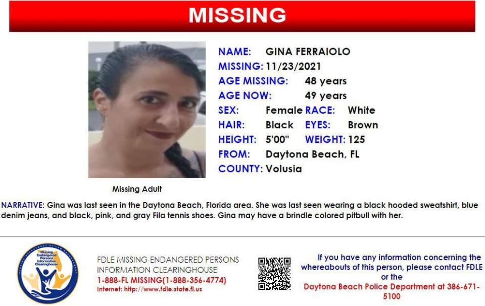 Gina Ferraiolo was last seen in Daytona Beach on Nov. 23, 2021.
