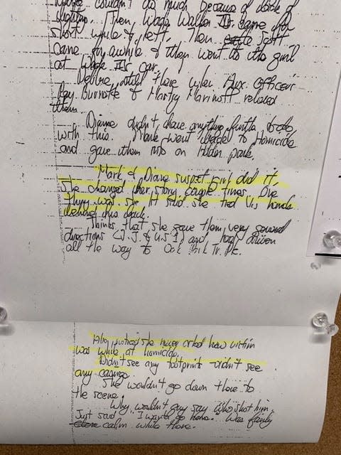 Handwritten notes taken by prosecutor Chris White in 1989 that first responders suspected Kim Hallock and not Crosley Green of killing Chip Flynn.