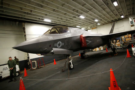 A Lockheed Martin F-35B stealth fighter is seen inside the USS Wasp (LHD 1) amphibious assault carrier during their operation in the waters off Japan's southernmost island of Okinawa March 23, 2018. REUTERS/Issei Kato