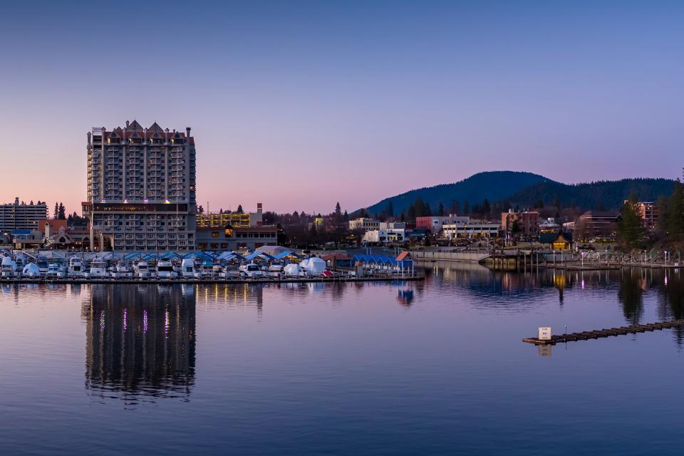 Aerial panorama of the waterfront and marina of Coeur d'Alene, Idaho at twilight.