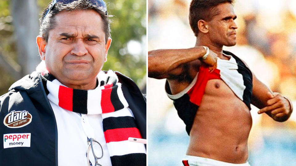 On the left, Nicky Winmar in retirement and on the right during his St Kilda playing days.