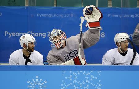 Ice Hockey – Pyeongchang 2018 Winter Olympics – Men's Training - Gangneung Hockey Centre, Gangneung, South Korea – February 11, 2018 - Team USA players (L-R) Brian Gionta, Ryan Zapolski and Garrett Roe. REUTERS/David W Cerny