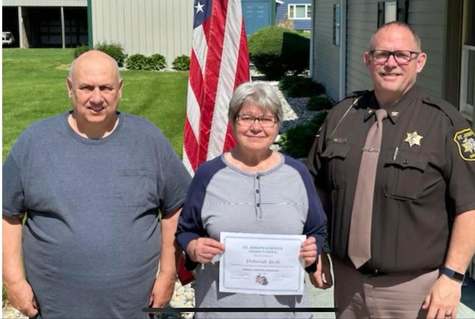 Jim Bidwell and his partner, Deb Yesh, were recognized by Undersheriff Jason Bingaman for a significant donation Bidwell’s late sister and brother-in-law left St. Joseph County Animal Control.
