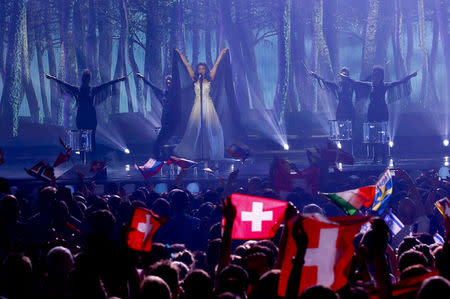 Singer Melanie Rene representing Switzerland performs the song "Time To Shine" during the second semifinal, May 21, 2015. REUTERS/Leonhard Foeger