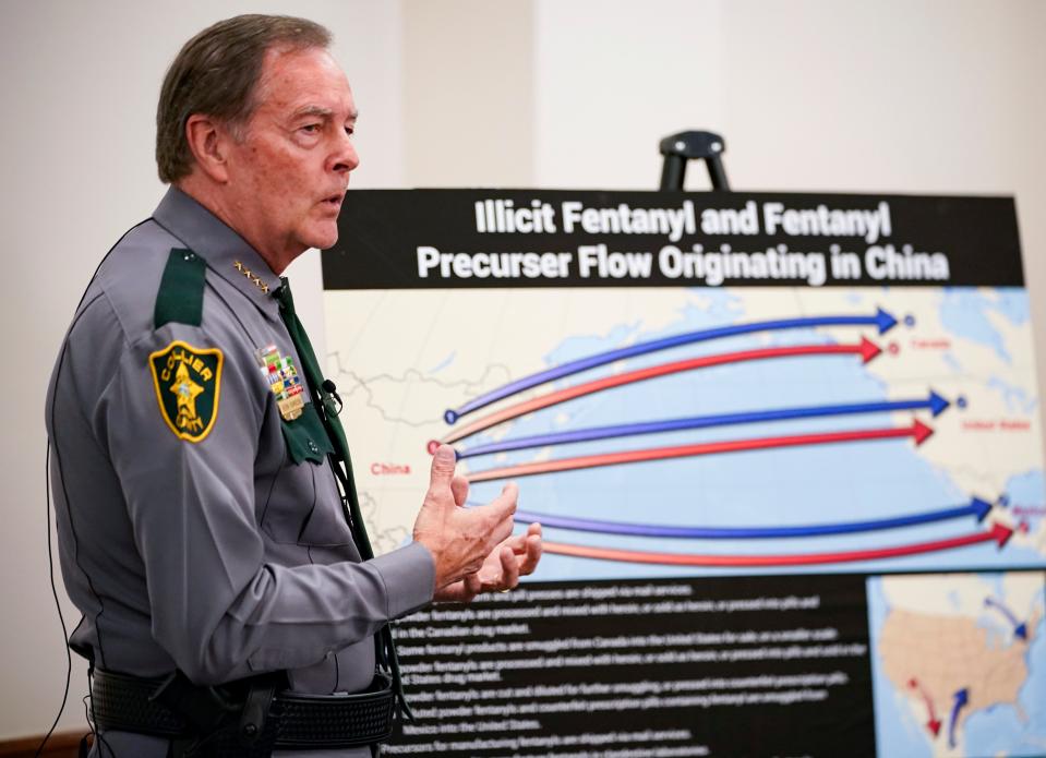 Collier County Sheriff Kevin Rambosk talks about the flow of drugs, specifically fentanyl, into the county during a press conference at Canant Professional Development Center in Naples on Wednesday, Sept. 13, 2023.