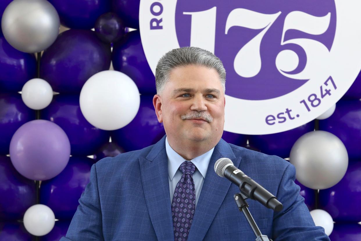 Outgoing Rockford University President Eric W. Fulcomer is pictured during the university's 175th anniversary community honors luncheon on Friday, Feb. 25, 2022 at Rockford University's Burpee Student Center in Rockford.