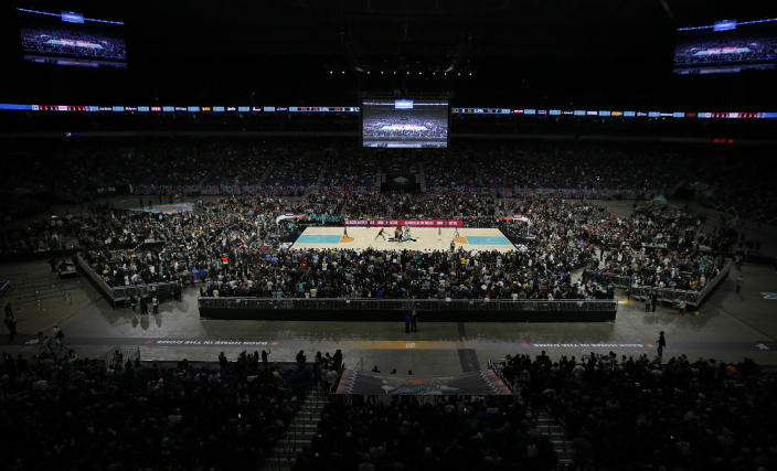 SAN ANTONIO, TX - JANUARY 13:  Opening tip-off of the game between the San Antonio Spurs and the Golden State Warriors at Alamodome on January 13, 2023 in San Antonio, Texas. NOTE TO USER: User expressly acknowledges and agrees that, by downloading and or using this photograph, User is consenting to terms and conditions of the Getty Images License Agreement. (Photo by Ronald Cortes/Getty Images)