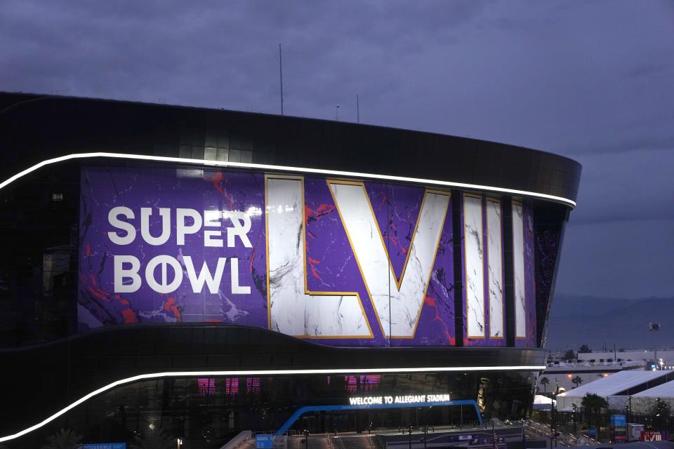 A general overall view of the Super Bowl 58 roman numerals logo on the Allegiant Stadium facade in Las Vegas on Feb. 6. 2024.