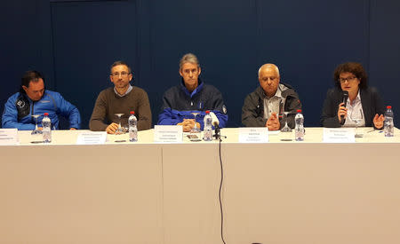 (L-R) director of Crans-Montana lifts (CMA) Philippe Magistretti, Head of Police du Valais Christian Varone, county councillor Frederic Favre, Director of Organisation Cantonale Valaisanne des Secours (OCVS) Jean-Marc Bellagamba, and prosecutor Catherine Seppey attend a news conference following an avalanche in Crans-Montana, Switzerland, February 19, 2019. REUTERS/Cecile Mantovani