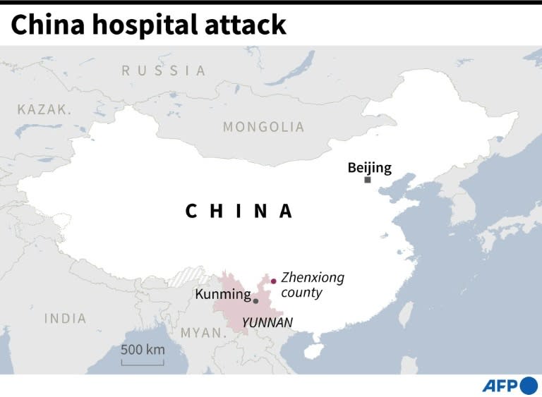 Map showing Zhenxiong county in China's Yunnan province, where an attack at a hospital has left more than 10 people dead or wounded according to state media on May 7. (STAFF)