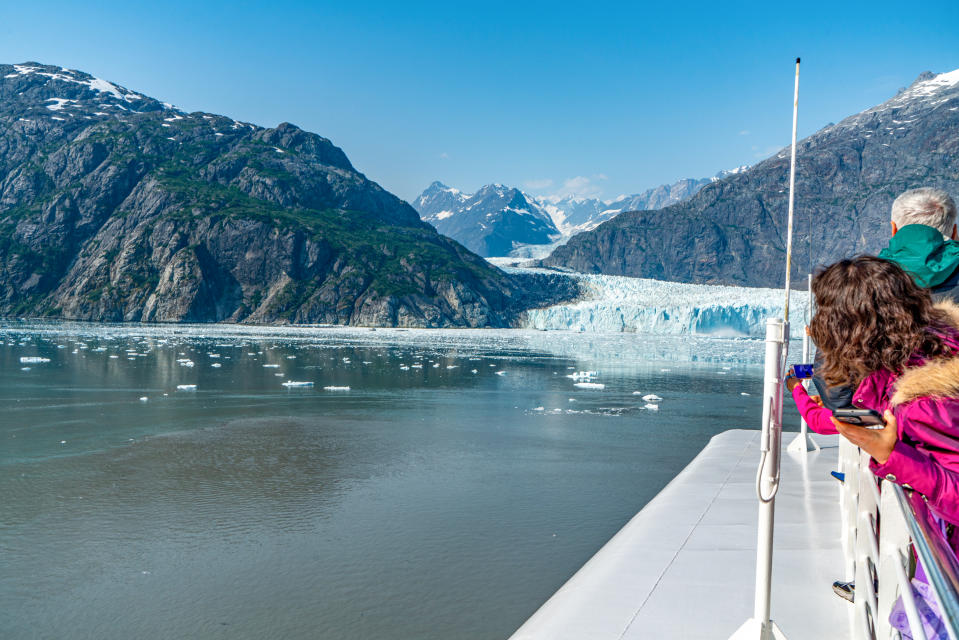 Skagway, Alaska - July 30, 2023:  Tourists are enjoying the view of Glacier Bay National Park and Preserve, Alaska, USA.