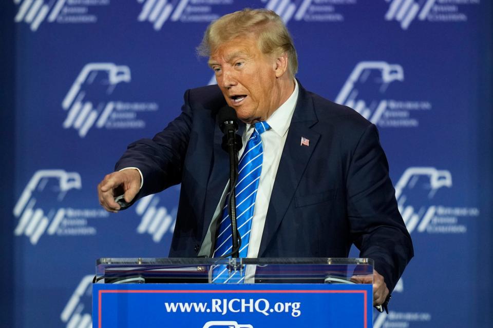 Republican presidential candidate and former President Donald Trump speaks at an annual leadership meeting of the Republican Jewish Coalition, Saturday, Oct. 28, 2023, in Las Vegas.