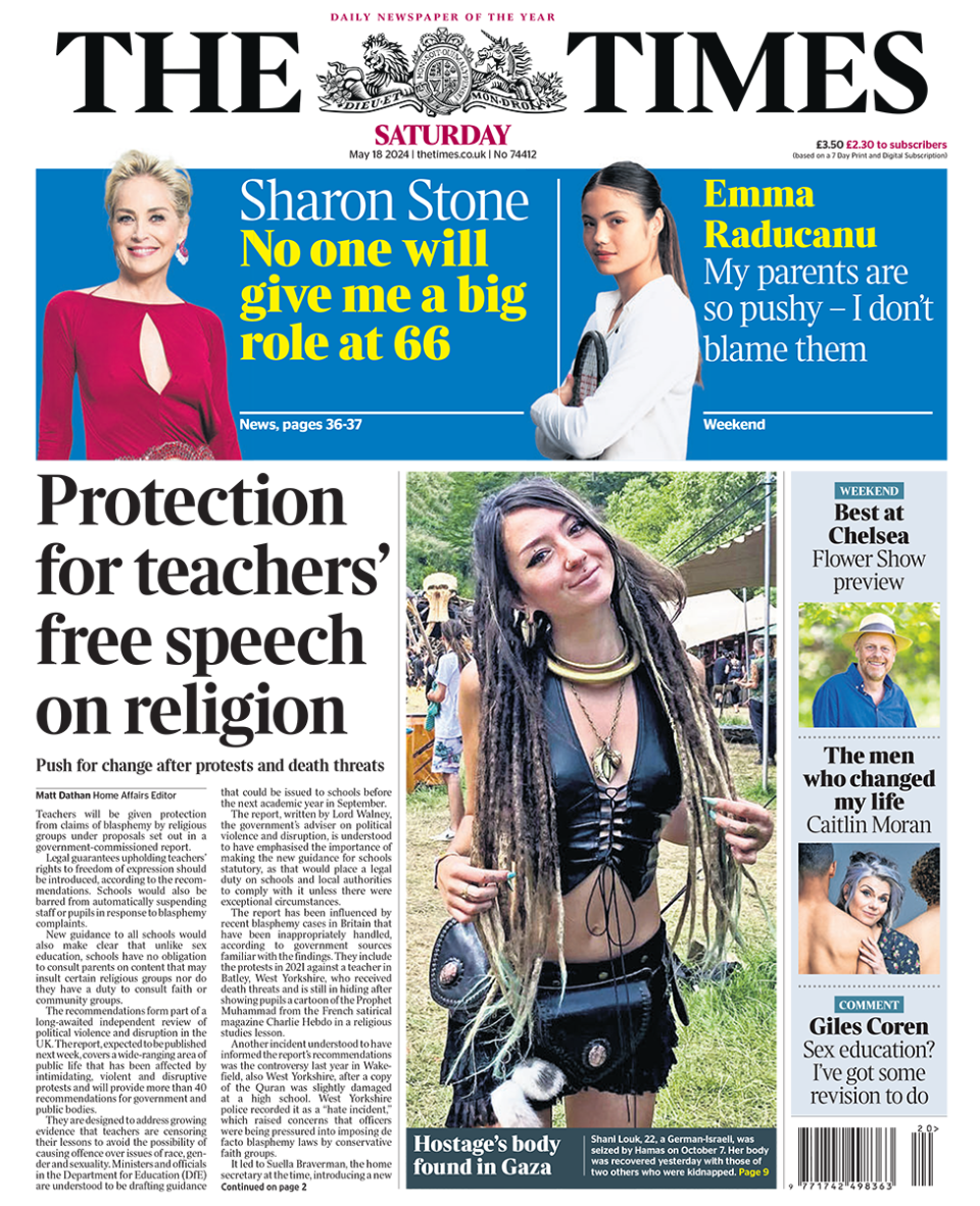 The headline in the Times reads: "Protection for teachers' free speech on religion". 