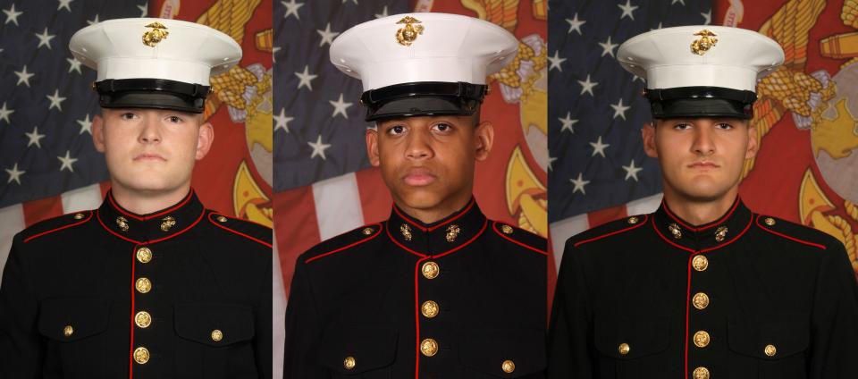 From left, Tanner J. Kaltenberg, 19, of Madison, Wisc., Ivan R. Garcia, 23, from Naples, Fla., and Merax C. Dockery, 23, from Pottawatomie, Okla., were found dead in a vehicle in North Carolina. Photos provided by the United States Marine Corps.