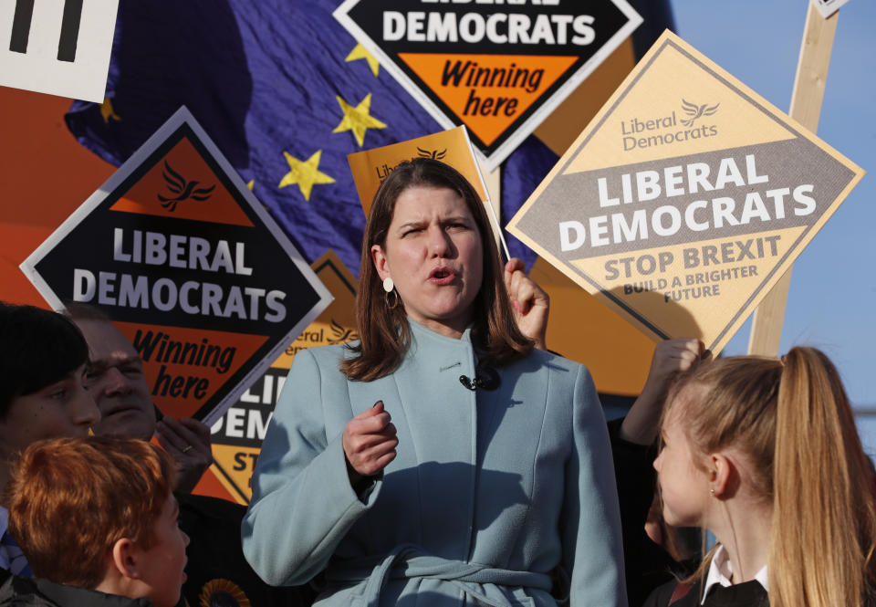 British opposition Liberal Democrats Party Leader Jo Swinson joins activists for a final day election rally at Esher Rugby Club in Hersham, England, Wednesday, Dec. 11, 2019 during the General Election campaign tour. Britain goes to the polls on Dec. 12.(AP Photo/Frank Augstein)