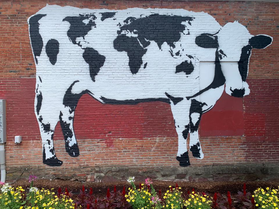 On the side of the Lux Barber Shop on Cherry Street, a Vermont-born global phenomenon is painted on the wall: World Cow. Founded in 2016 by Vermonter DJ Barry, World Cow murals have spread across the U.S. and 40 countries around the world.
