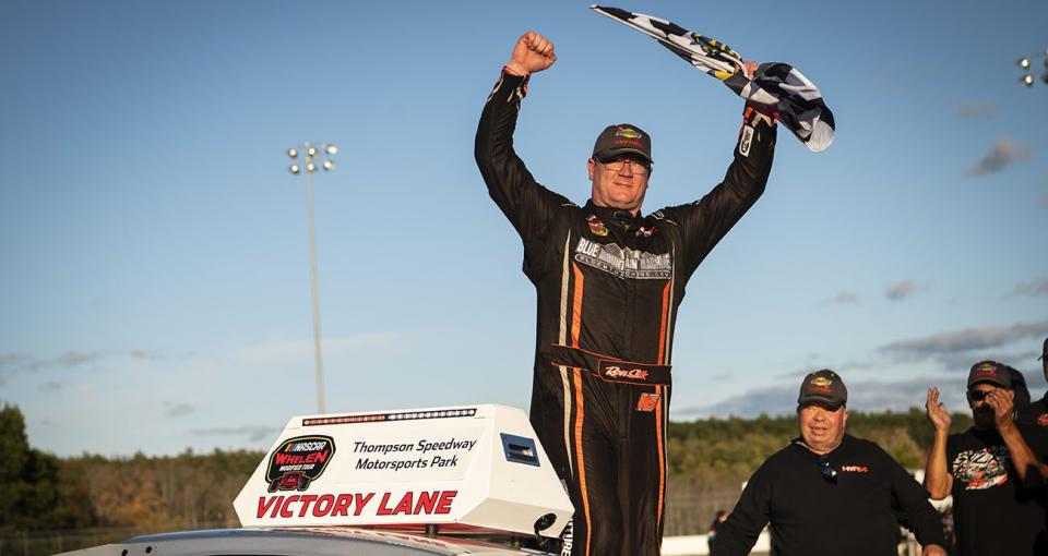 Ron Silk driver of the #16 Blue Mountain Machine; Future Homes FURY Race Cars celebrates after winning the World Series 150 presented by Flosports.com for the NASCAR Whelen Modified Tour at Thompson Speedway Motorsports Park on October 8, 2023 in Thompson, Connecticut. (Jaiden Tripi/NASCAR)