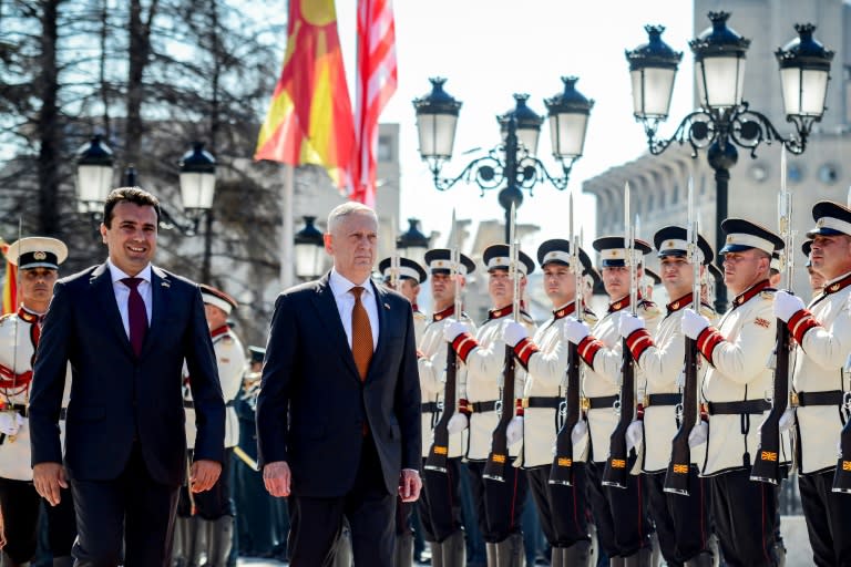 Macedonia's Prime Minister Zoran Zaev, seen on the left, welcomed US Defence Secretary James Mattis when he touched down in Skopje