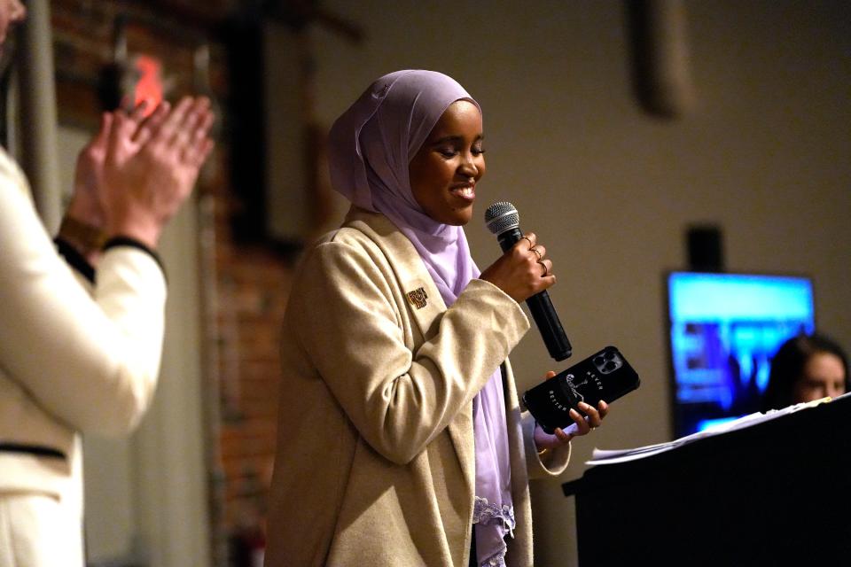 State Rep. Munira Abdullahi celebrates winning the Ohio House District 9 seat in the Nov. 8, 2022, general election at the Franklin County Democratic Party event at Strongwater in Columbus.