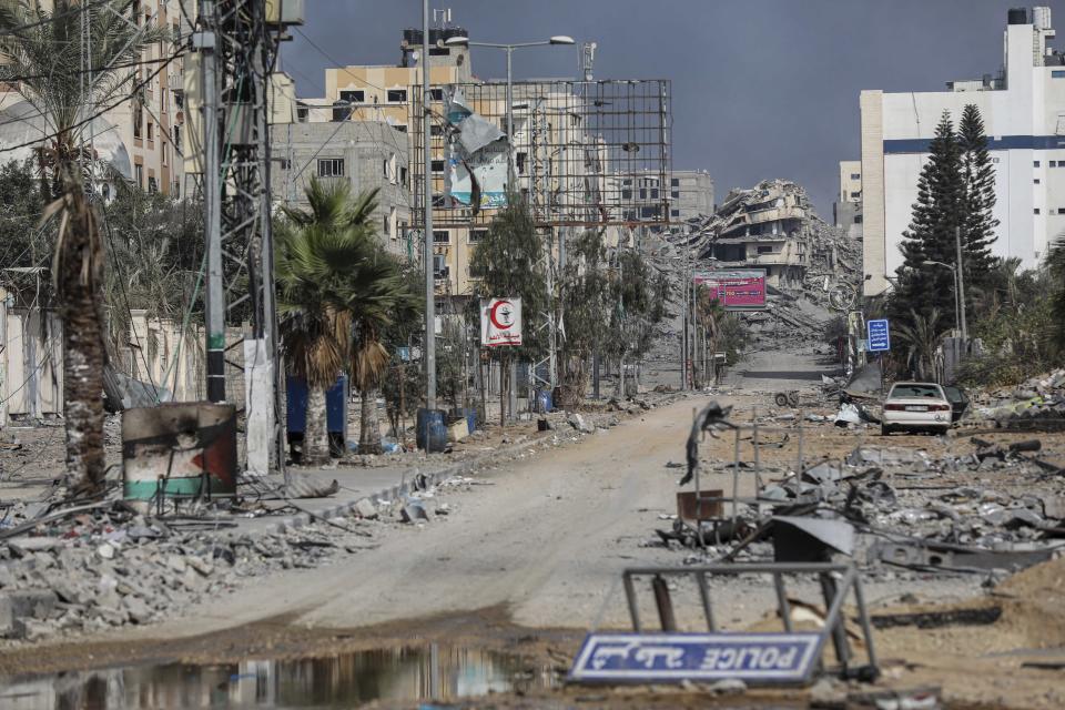 Destroyed buildings caused by the ongoing Israeli airstrikes on Gaza City, Saturday, Oct. 28, 2023. (AP Photo/Abed Khaled)