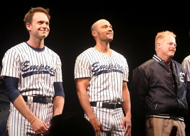 Jesse Williams, flanked by Patrick J. Adams and Jesse Tyler Ferguson, during an opening night curtain call of 