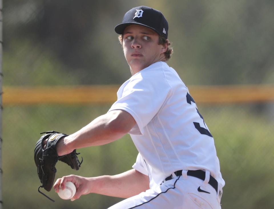 Detroit Tigers pitching prospect Jackson Jobe throws live batting practice during spring training Minor League minicamp Wednesday, Feb. 23, 2022 at Tiger Town in Lakeland.