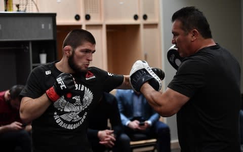 Khabib Nurmagomedov of Russia warms up  - Credit: Zuffa