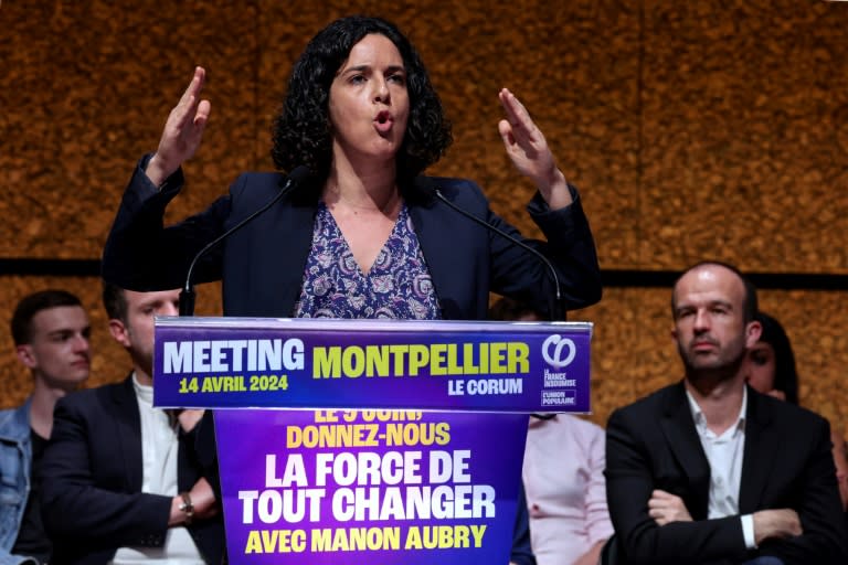 La tête de liste des Insoumis aux européennes, Manon Aubry, en meeting à Montpellier, le 14 avril 2024 (Pascal GUYOT)