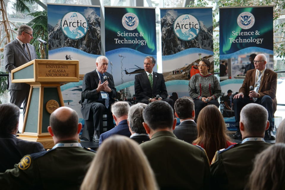 Expert panelists speak at an April 9 ceremony about the homeland security subjects to be examined at the new ADAC-ARCTIC center at the University of Alaska Anchorage. From left are Jeff Libby, the principal investigator for the center; former Alaska Lt. Gov. Mead Treadwell, a former chair of the U.S. Arctic Research Commission; Dimitri Kusnezov, undersecretary for science and technology at the U.S. Department of Homeland Security; Elizabeth Qaullua Cravalho, vice president for lands at NANA Regional Corp. and a member of the U.S. Arctic Research Commission; and Larry Hinzman, assistant director for polar sciences at the White House Office of Science and Technology Policy and a former vice chancellor at the University of Alaska Fairbanks. (Photo by Yereth Rosen/Alaska Beacon)