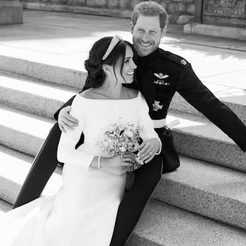 A black and white photograph of Prince Harry and Meghan Markle - the new Duke and Duchess of Sussex - Credit: Alexi Lubomirski/Kensington Palace