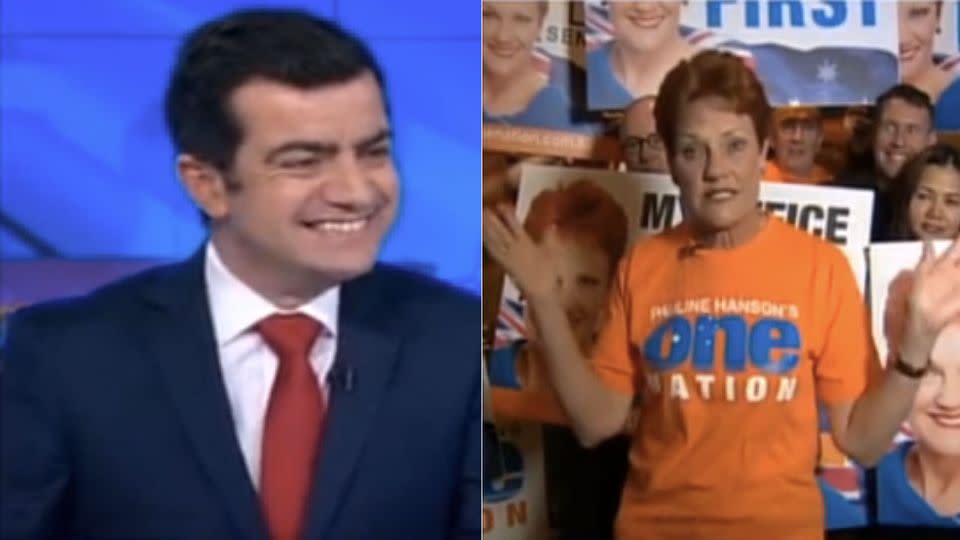 A grinning Sam Dastyari offers Pauline Hanson a Halal Snack Pack live on air. Photo: 7 News