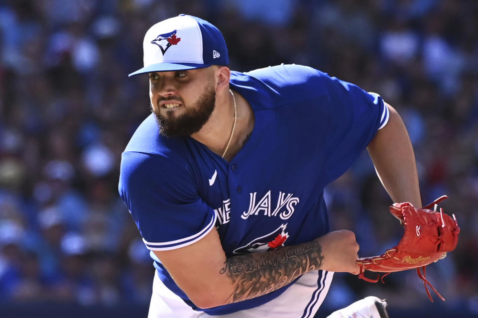 Toronto Blue Jays starting pitcher Alek Manoah throws to a Los Angeles Angels batter during the first inning of a baseball game, Saturday, Aug. 27, 2022 in Toronto. (Jon Blacker/The Canadian Press via AP)