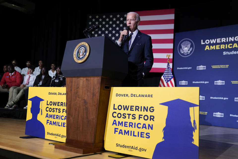 FILE - President Joe Biden speaks about student loan debt relief at Delaware State University, Friday, Oct. 21, 2022, in Dover, Del. The Supreme Court is about to hear arguments over President Joe Biden’s student debt relief plan. It's a plan that impacts millions of borrowers who could see their loans wiped away or reduced. (AP Photo/Evan Vucci, File)