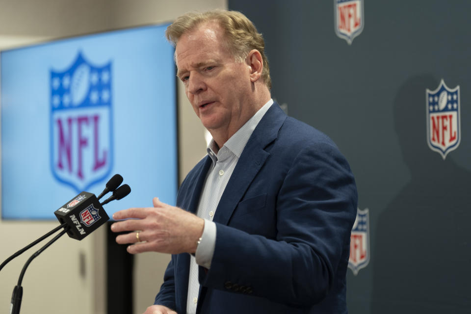 NFL Commissioner Roger Goodell responds to questions during a news conference after the football league's owners spring meetings Wednesday, May 22, 2024, in Nashville, Tenn. (AP Photo/George Walker IV)