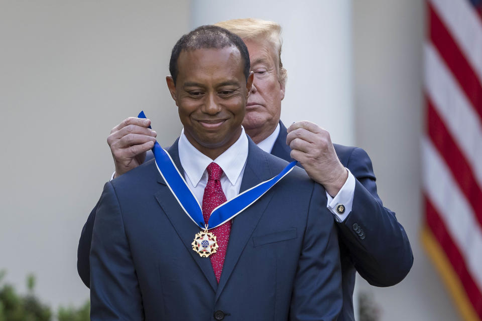 President Donald Trump presents the Presidential Medal of Freedom to Tiger Woods during an event at the White House in the Rose Garden. (Photo: Scott Taetsch-USA TODAY Sports)