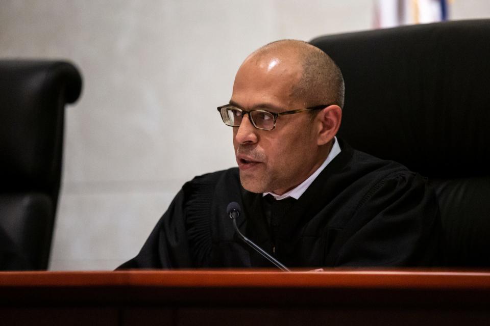 Iowa Supreme Court Justice Christopher McDonald asks a question on Wednesday, April 13, 2022, during oral arguments in Des Moines on U.S. Senate candidate Abby Finkenauer's appeal of a judge's ruling that says she cannot appear on the June 7 Democratic primary ballot.