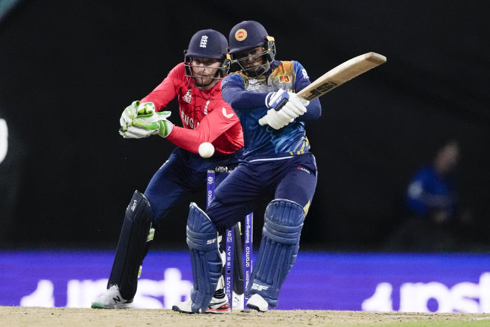 Sri Lanka's Pathum Nissanka bats during the T20 World Cup cricket match between England and Sri Lanka in Sydney, Australia, Saturday, Nov. 5, 2022. (AP Photo/Rick Rycroft)