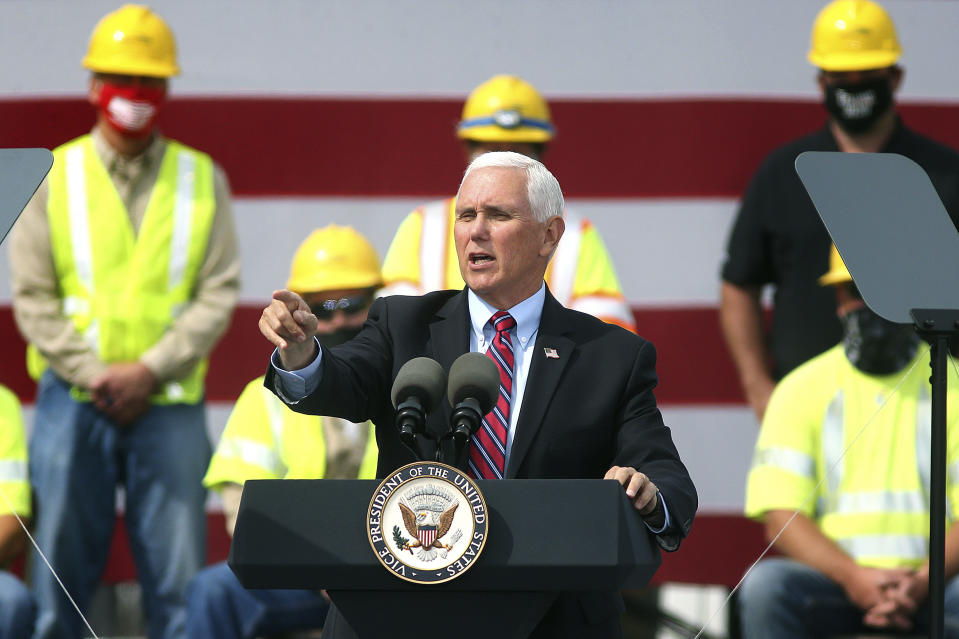 Vice President Mike Pence speaks during a campaign event at Dairyland Power Cooperative in La Crosse, Wis., on Monday, Sept. 7, 2020. (Peter Thomson/La Crosse Tribune via AP)