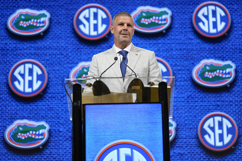 Florida head coach Billy Napier speaks during NCAA college football Southeastern Conference Media Days, Wednesday, July 19, 2023, in Nashville, Tenn. (AP Photo/George Walker IV)