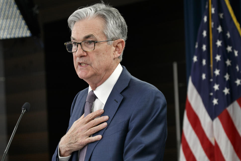 Federal Reserve Chair Jerome Powell announces emergency action as the coronavirus pandemic shuts down parts of the global economy. (AP Photo/Jacquelyn Martin)