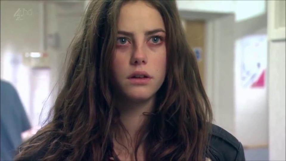 A disheveled Effy looks exhausted during an episode of "Skins"