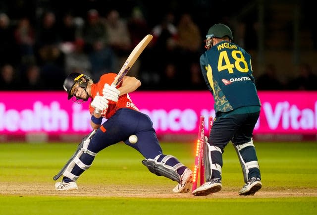 England’s Jacob Bethell is bowled by Australia’s Matthew Short 