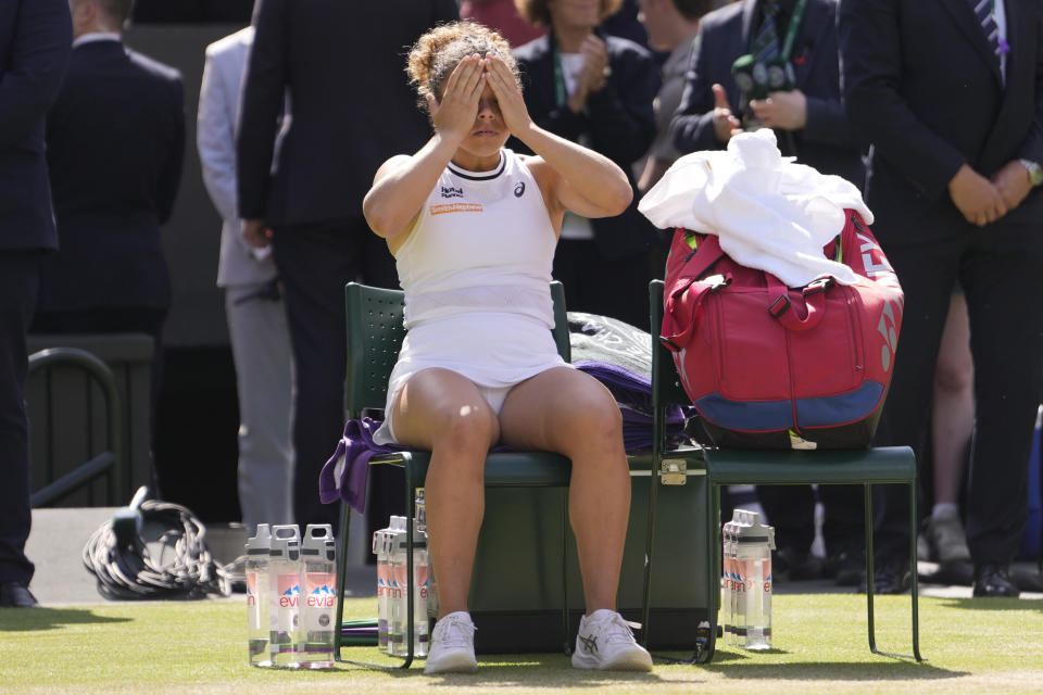 Jasmine Paolini of Italy reacts following her loss to Barbora Krejcikova of the Czech Republic in the women's singles final at the Wimbledon tennis championships in London, Saturday, July 13, 2024. (AP Photo/Alberto Pezzali)