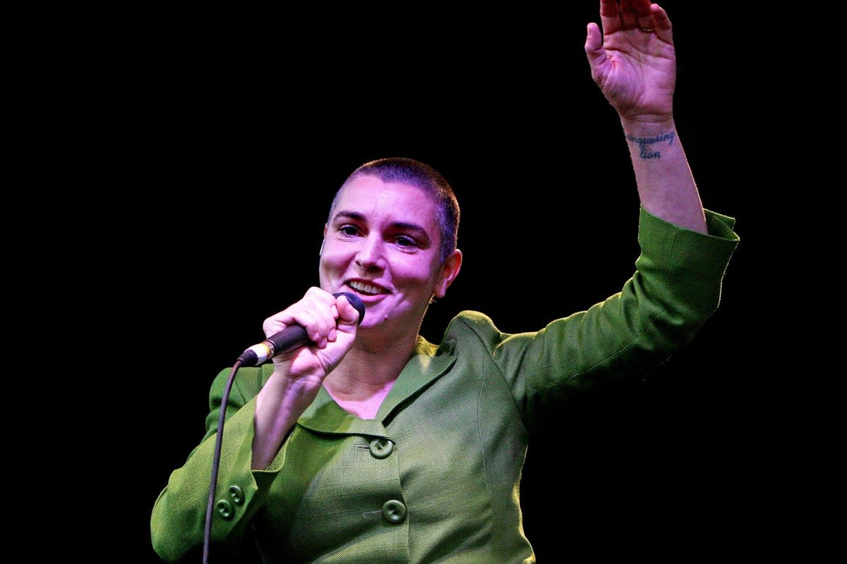 Sinead O’Connor takes to the stage for the finale of today’s Africa Day celebrations at Dublin Castle (Niall Carson/PA) (PA Archive)